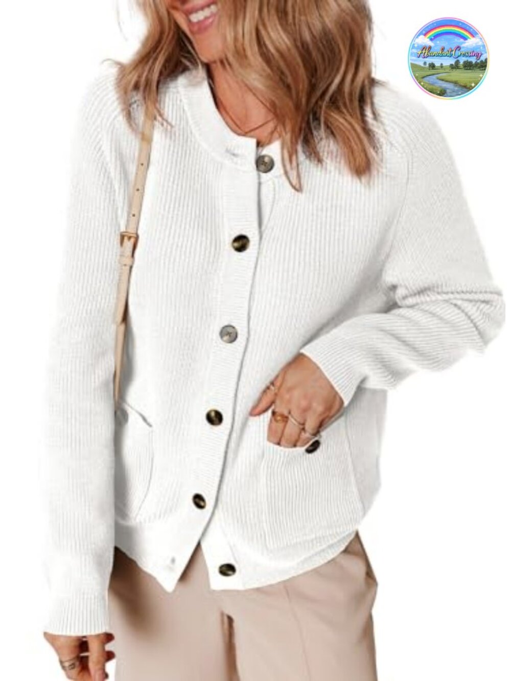 Womens Cable Knit Cardigan Sweater Long Sleeve Button Down Crewneck with Pockets